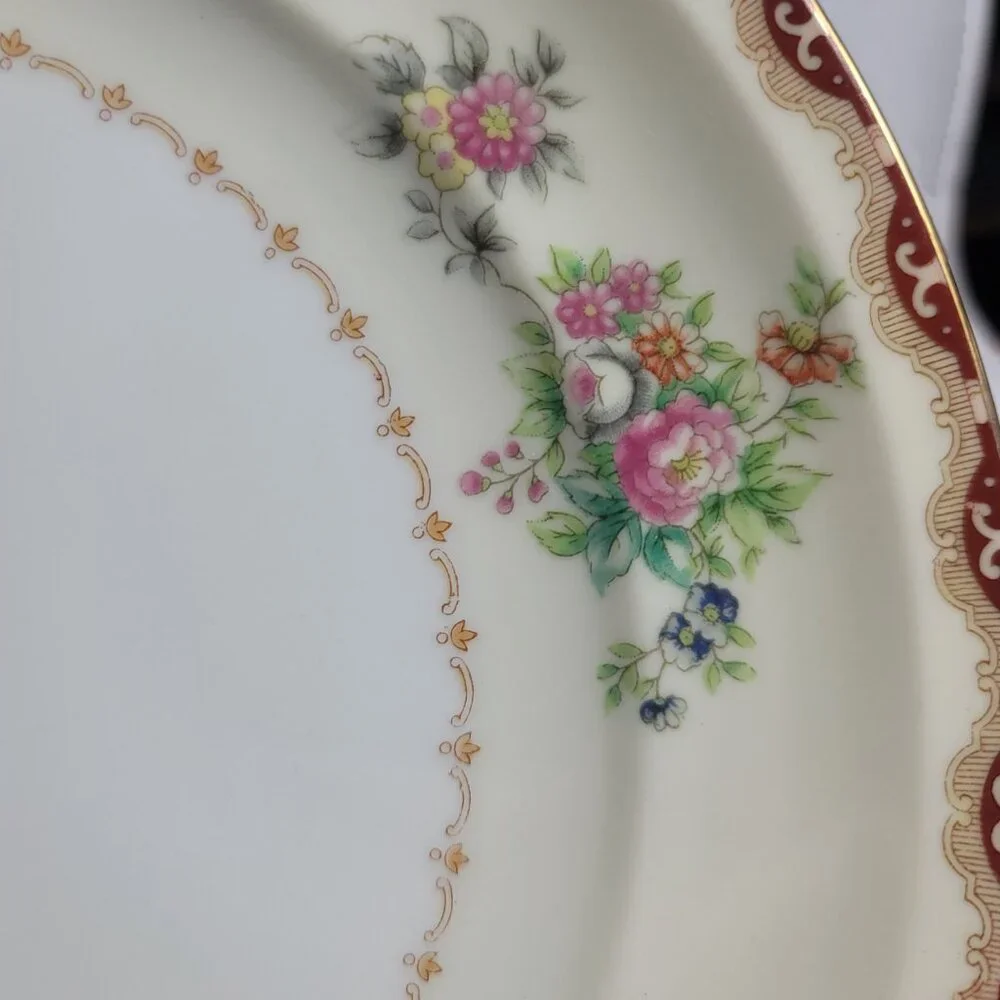 TWO Meito Keepsake Dinner Plates Ivory with Rust & Tan Scroll & Floral Rim